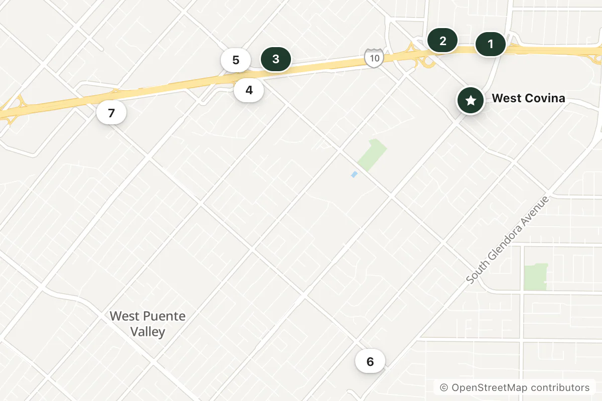 Map of the top 7 hotels for this question around West Covina
