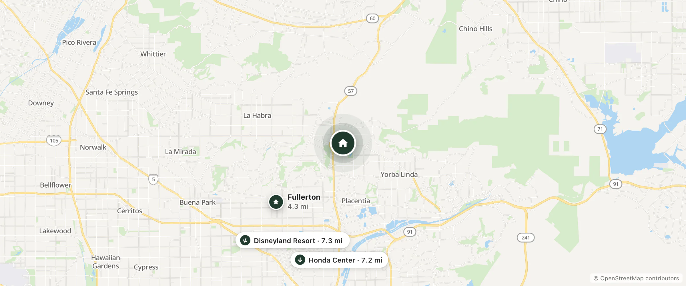 Map of Hyatt Bar & Pool and nearby Fullerton, Honda Center and Disneyland Resort