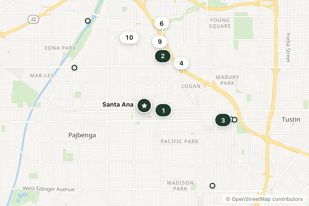 Map of the top 16 hotels for this question around Santa Ana