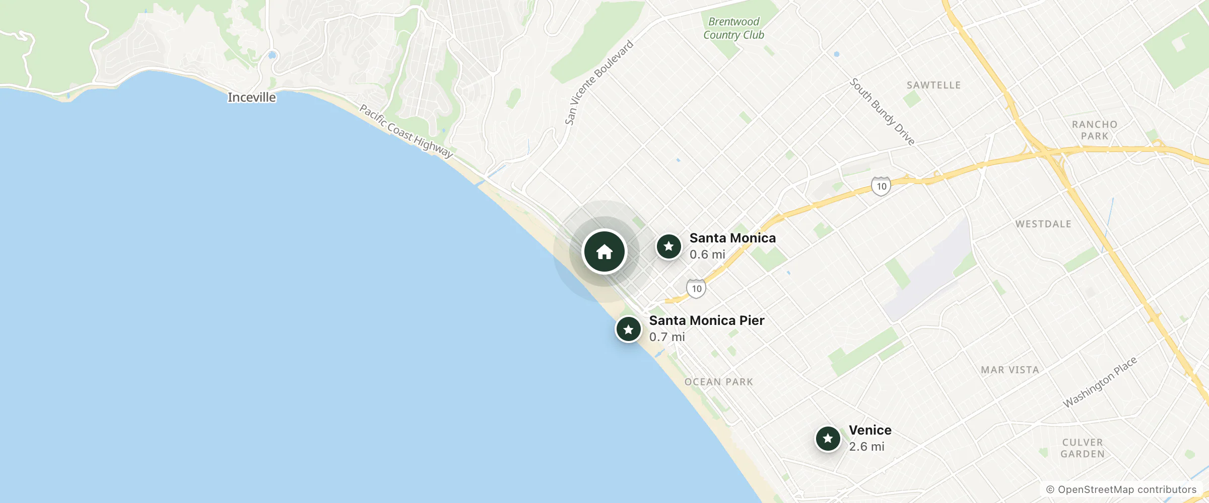 Map of The Huntley Hotel and nearby Santa Monica, Santa Monica Pier and Venice