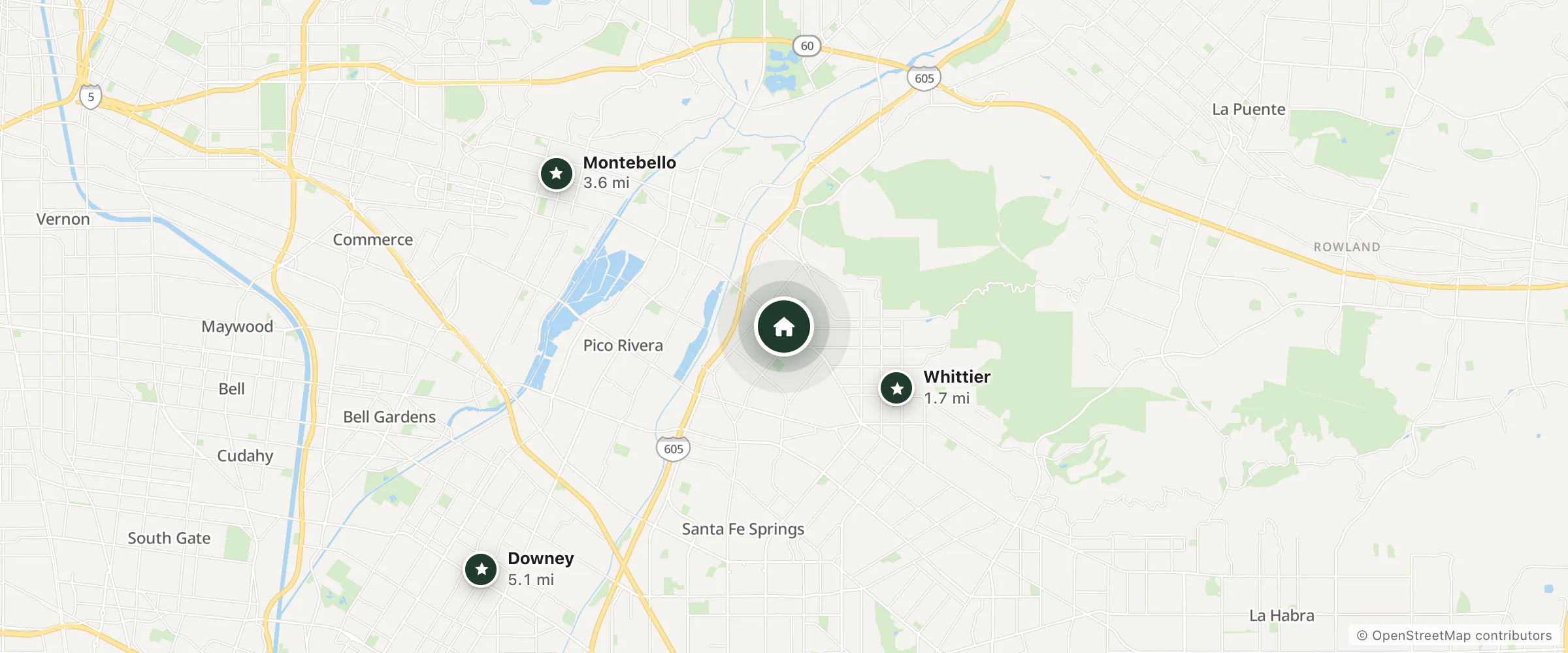 Map of Whittier Travel Inn and nearby Whittier, Montebello and Downey