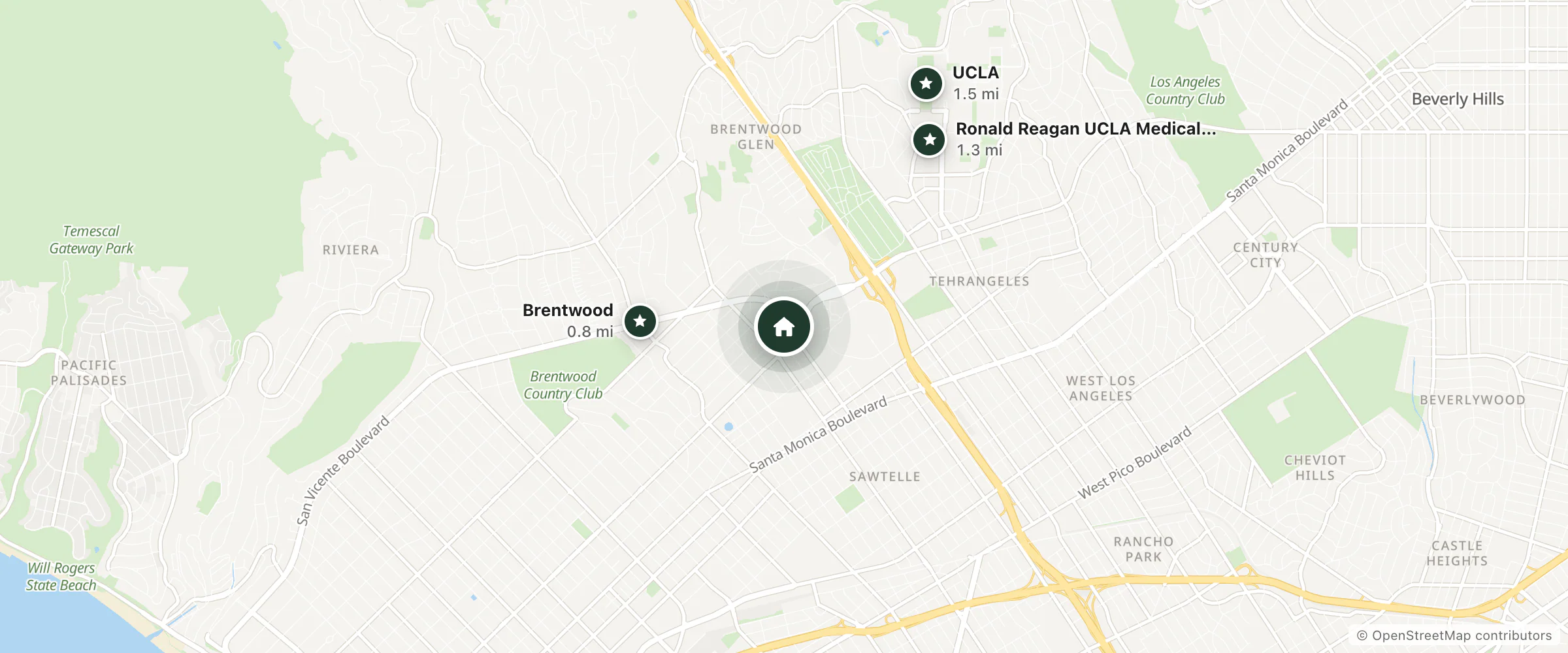 Map of San Vicente and nearby Brentwood, Ronald Reagan UCLA Medical Center and UCLA