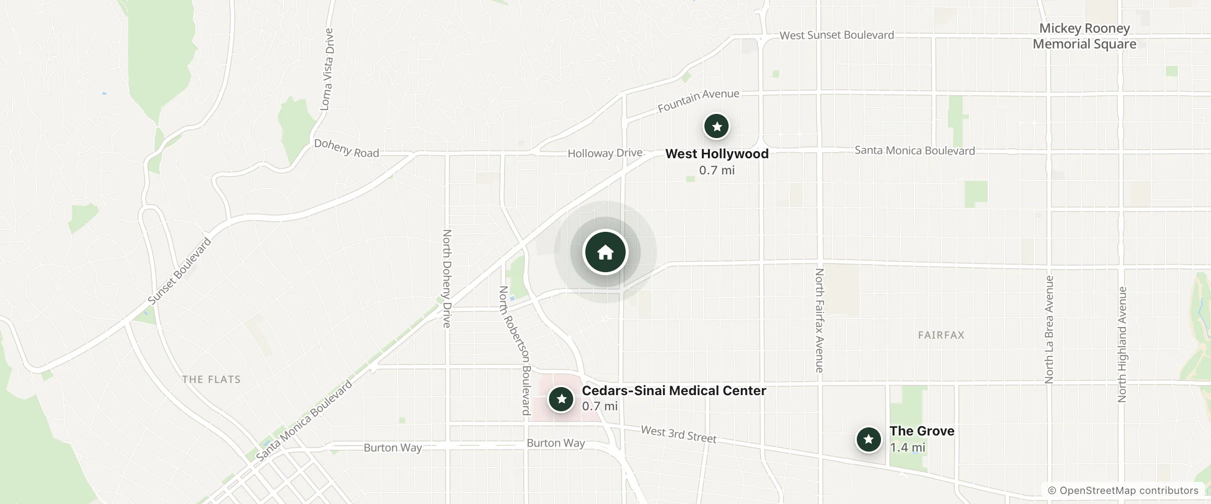 Map of Le Parc at Melrose and nearby Cedars-Sinai Medical Center, West Hollywood and The Grove