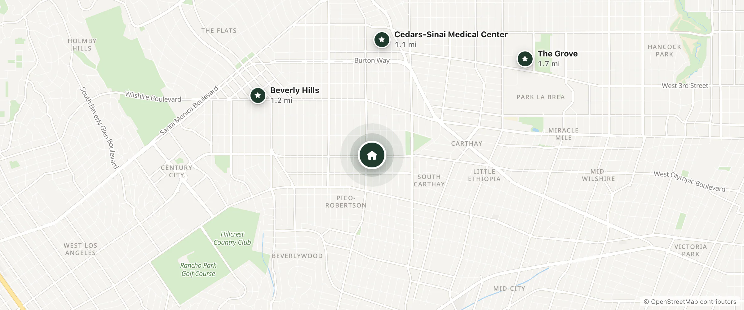 Map of The Hotel Olympic and nearby Cedars-Sinai Medical Center, Beverly Hills and The Grove