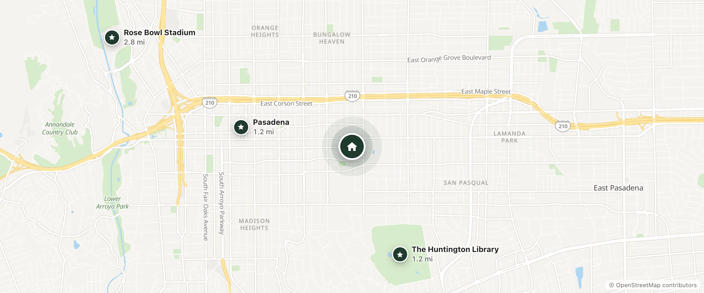 Map of The Aqua Courtyard Suites and nearby Pasadena, The Huntington Library and Rose Bowl Stadium
