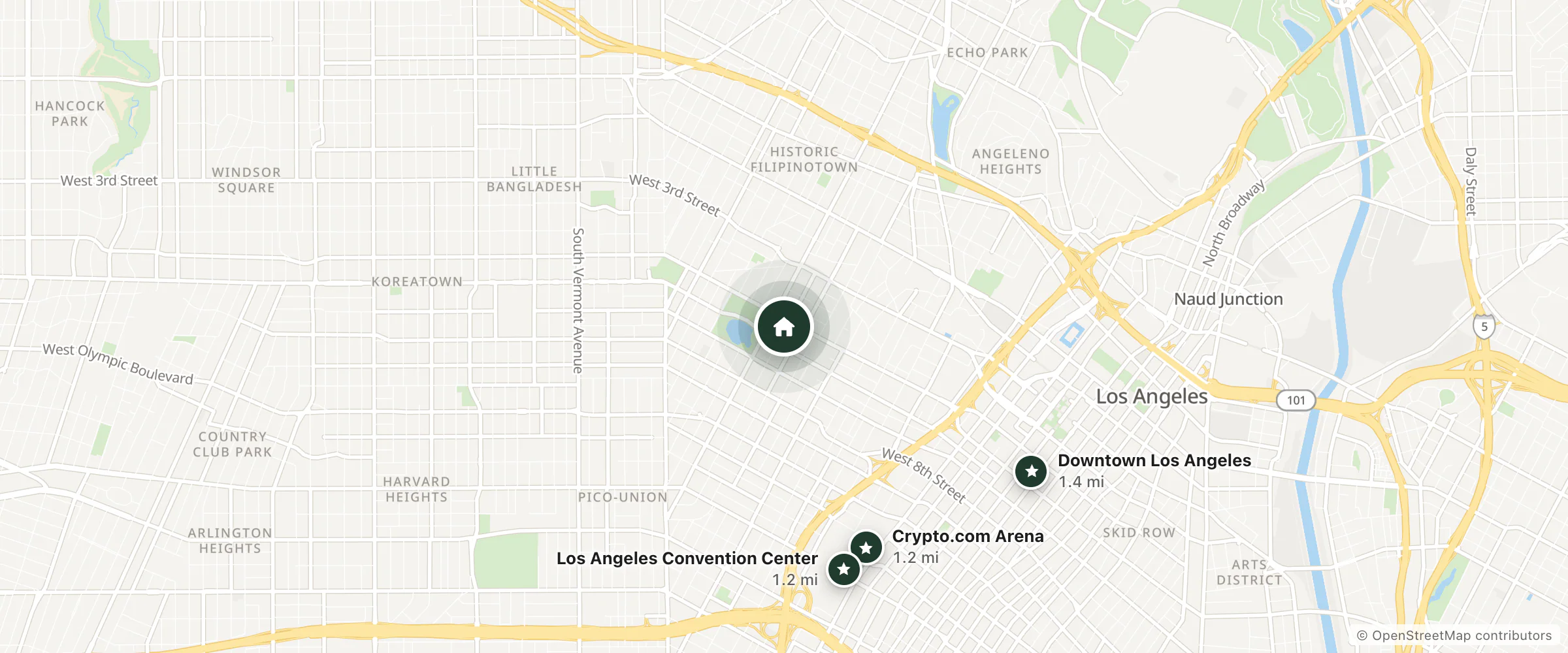 Map of Holiday Inn Express & Suites Los Angeles Downtown West and nearby Crypto.com Arena, Los Angeles Convention Center and Downtown Los Angeles