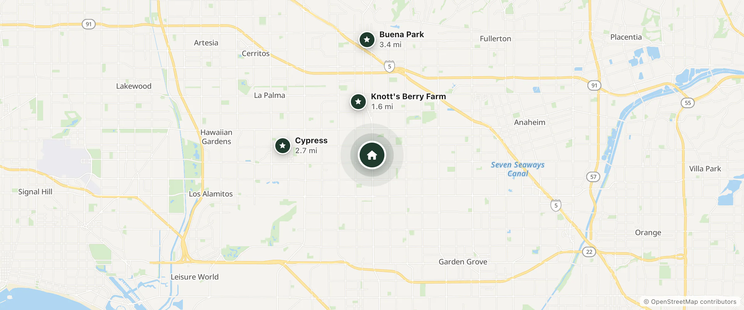 Map of Motel Moonlight and nearby Knott's Berry Farm, Cypress and Buena Park