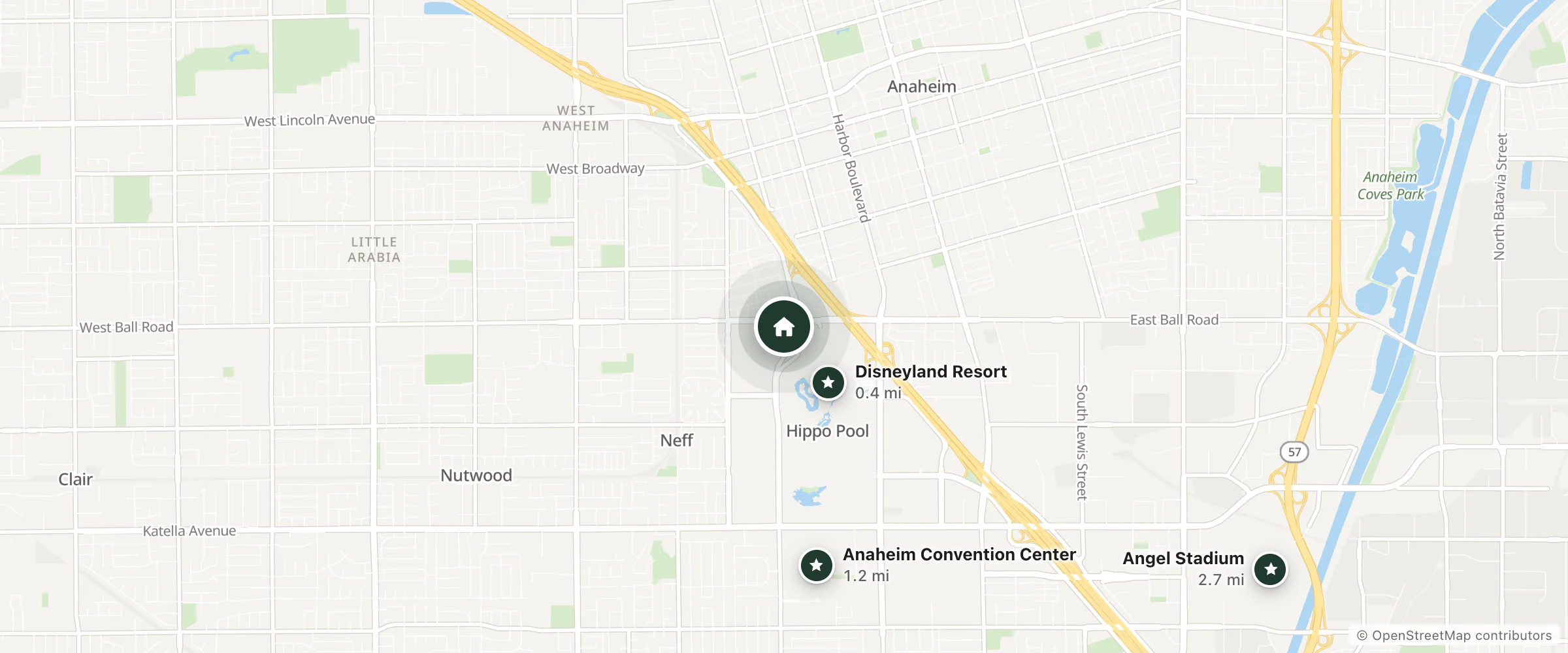 Map of Best Western Courtesy Inn and nearby Disneyland Resort, Anaheim Convention Center and Angel Stadium