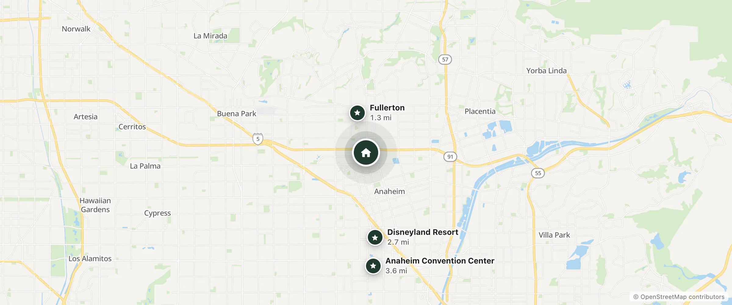 Map of Comfort Inn and nearby Fullerton, Disneyland Resort and Anaheim Convention Center