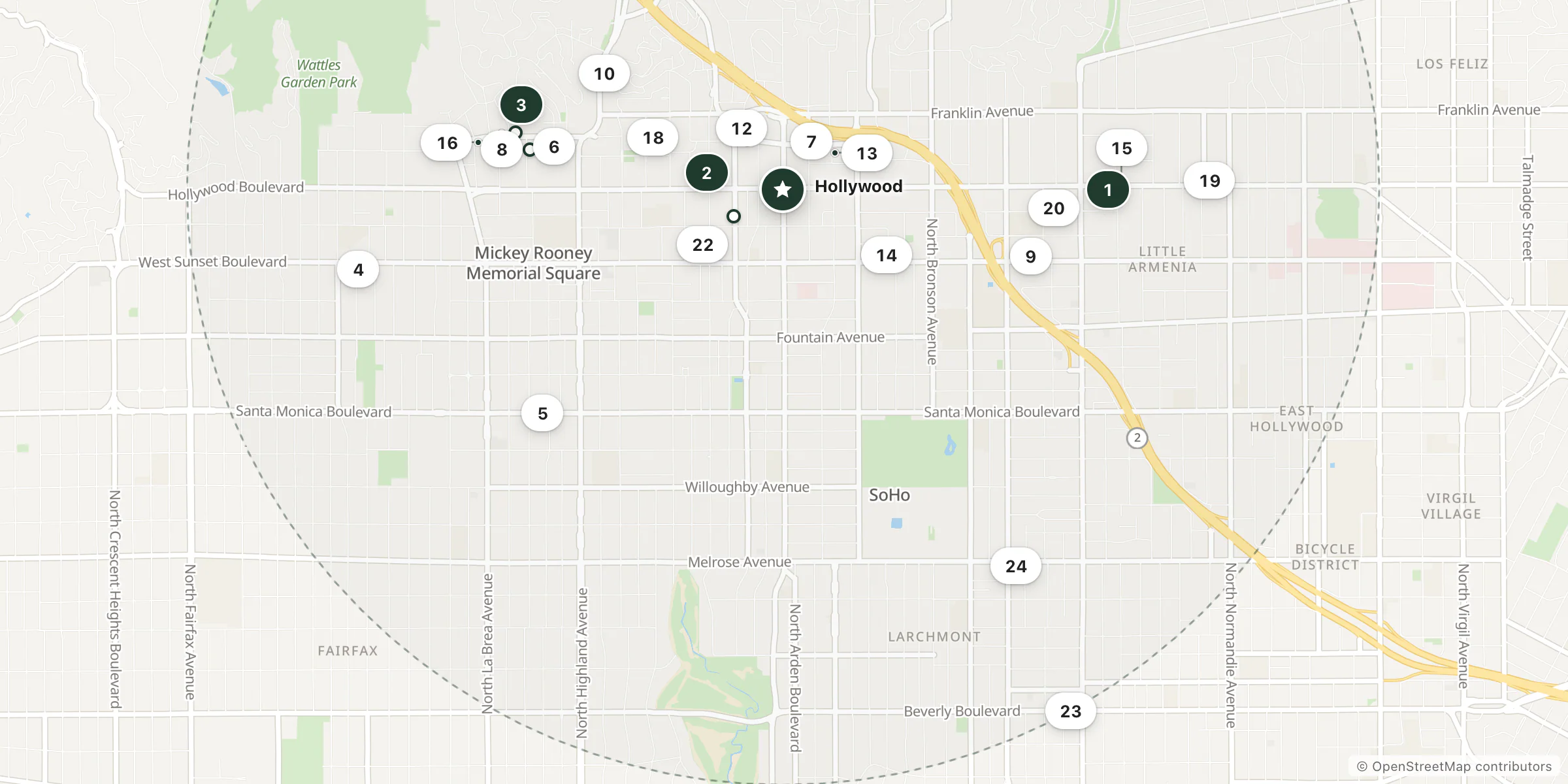 Map of hotels near Hollywood