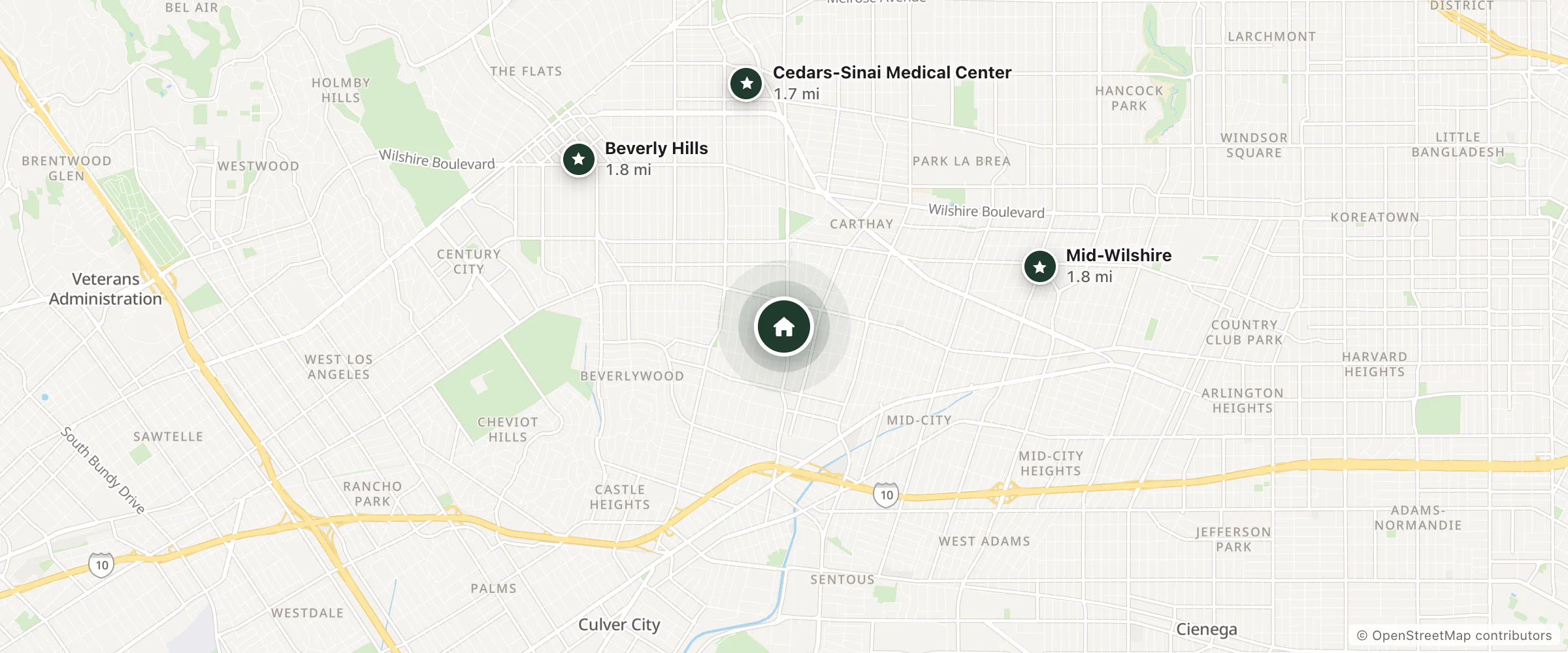 Map of Grand Motel and nearby Cedars-Sinai Medical Center, Mid-Wilshire and Beverly Hills