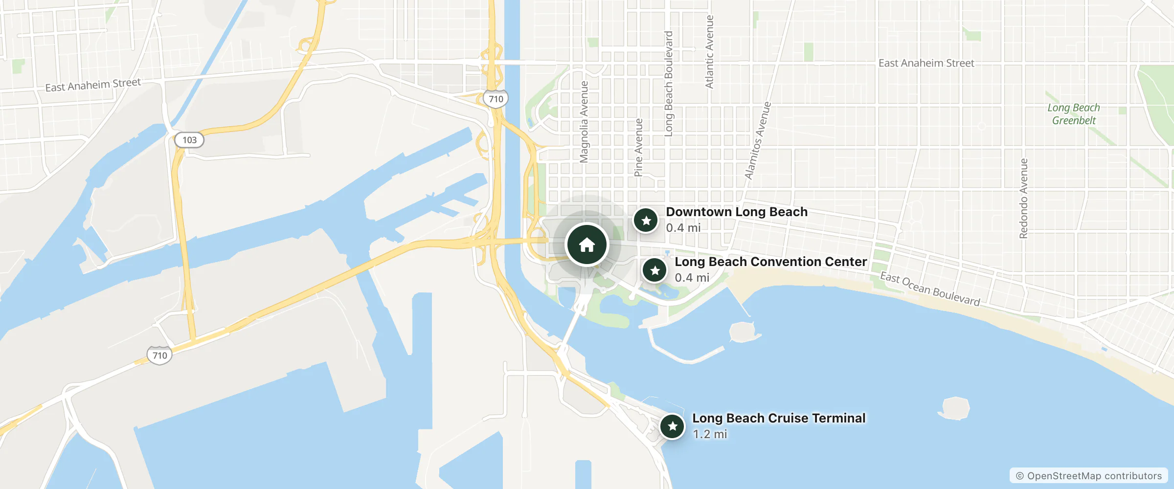 Map of 444 W Ocean and nearby Downtown Long Beach, Long Beach Convention Center and Long Beach Cruise Terminal