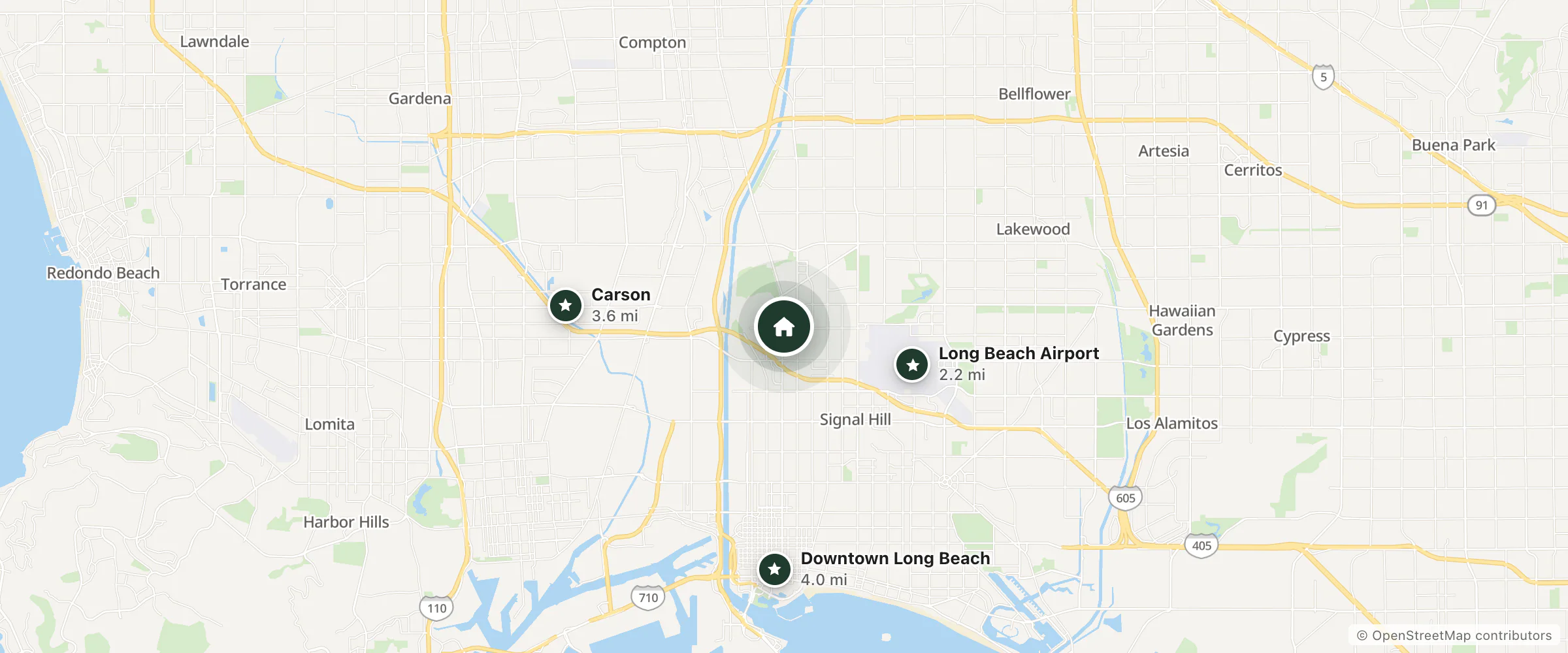 Map of Sunshine Motel and nearby Long Beach Airport, Carson and Downtown Long Beach