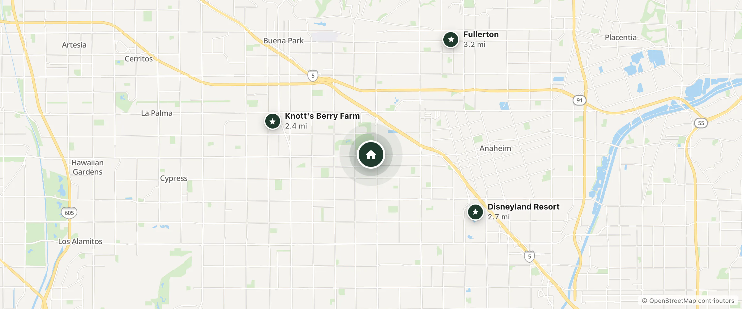 Map of Mardi Gras Motel and nearby Knott's Berry Farm, Disneyland Resort and Fullerton
