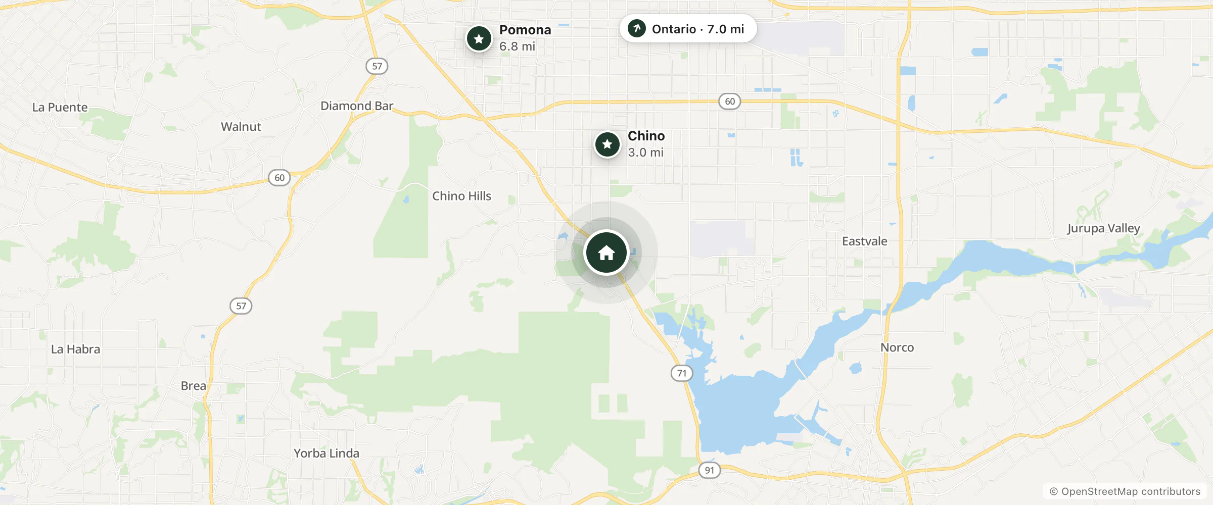 Map of Courtyard Chino Hills and nearby Chino, Pomona and Ontario