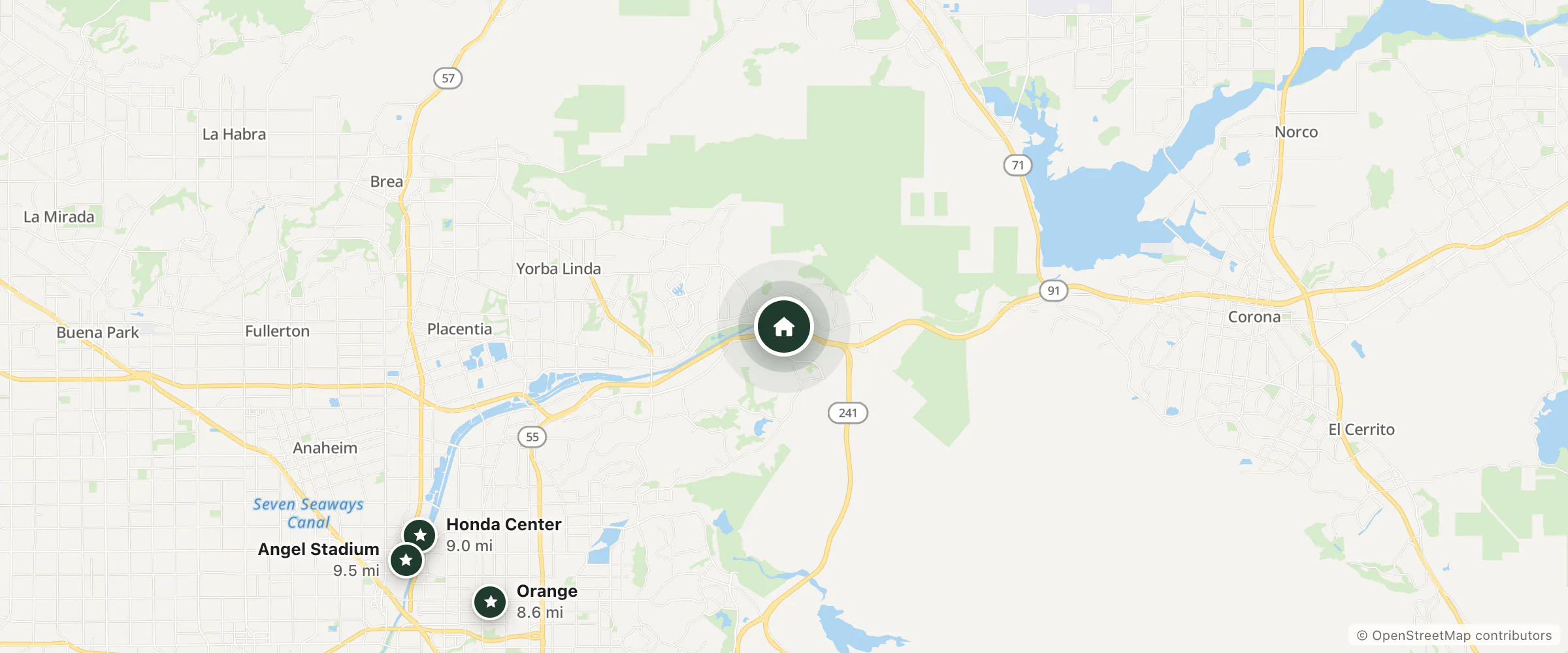 Map of Ayres Suites Yorba Linda and nearby Orange, Honda Center and Angel Stadium