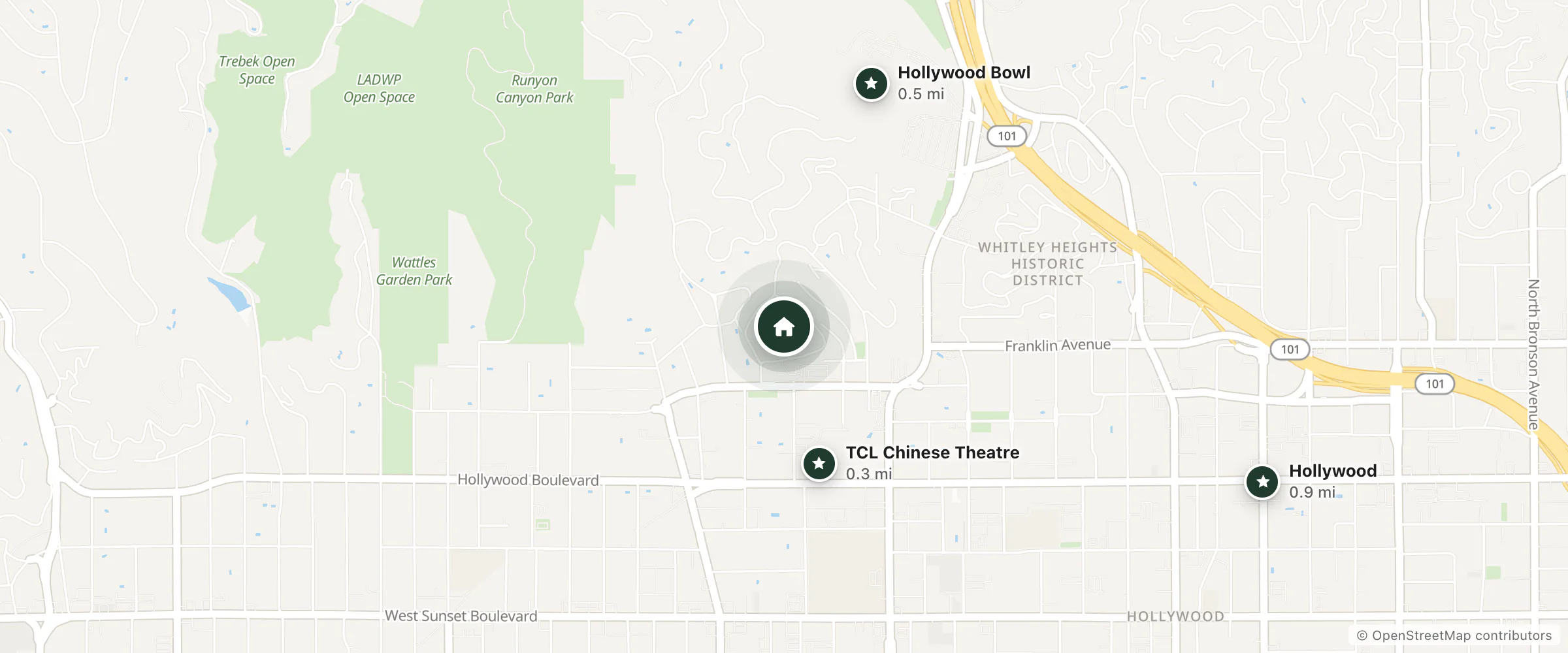 Map of Hollywood Hills Hotel and nearby TCL Chinese Theatre, Hollywood Bowl and Hollywood