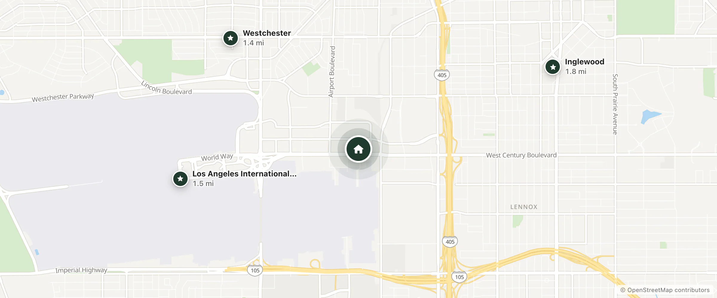 Map of Hilton Los Angeles Airport and nearby Westchester, Los Angeles International Airport and Inglewood