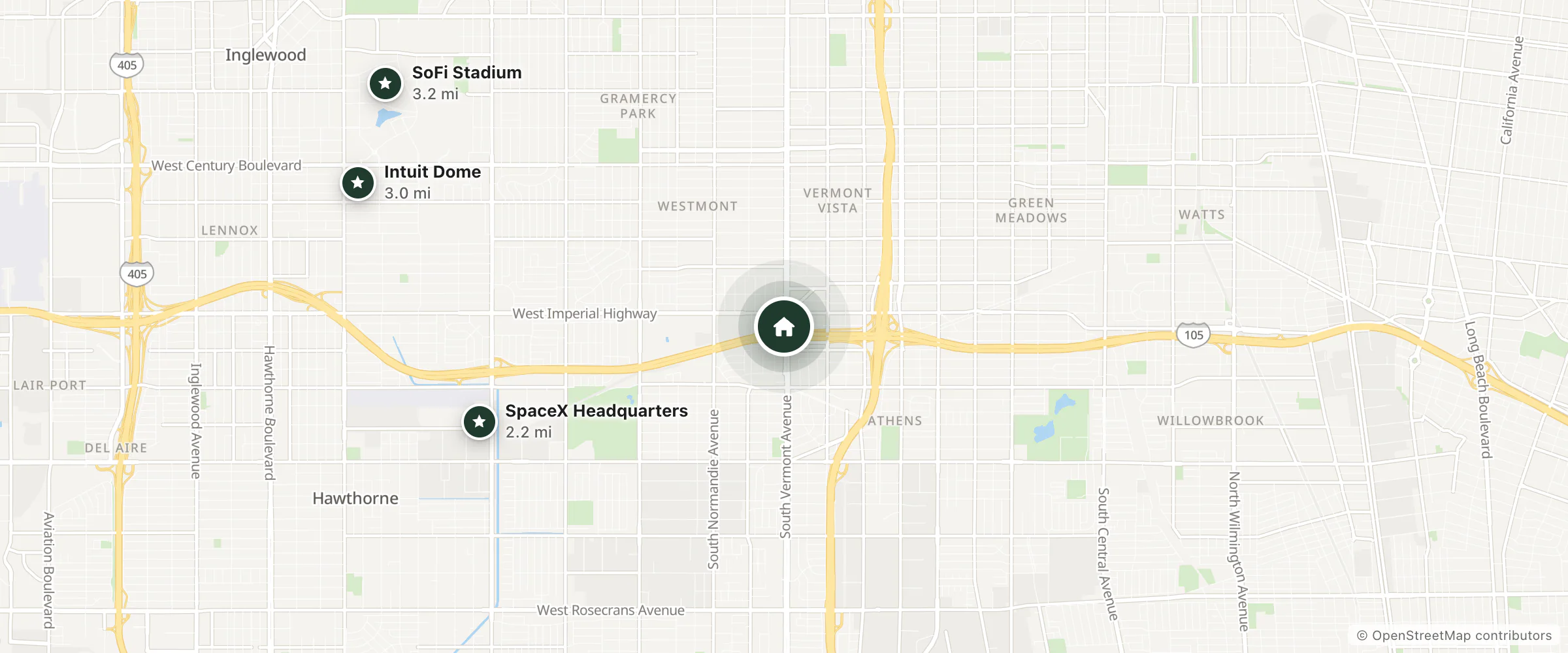 Map of Magic Carpet Motor Inn and nearby SpaceX Headquarters, Intuit Dome and SoFi Stadium