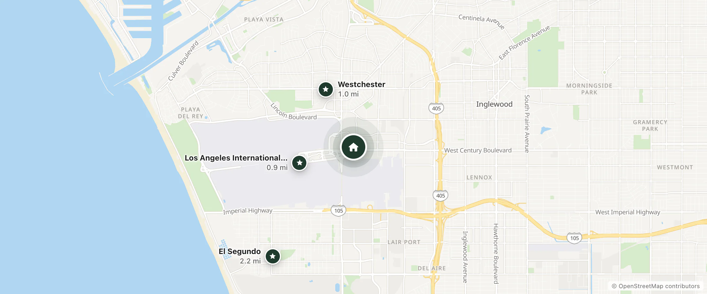 Map of Homewood Suites by Hilton Los Angeles International Airport and nearby Los Angeles International Airport, Westchester and El Segundo