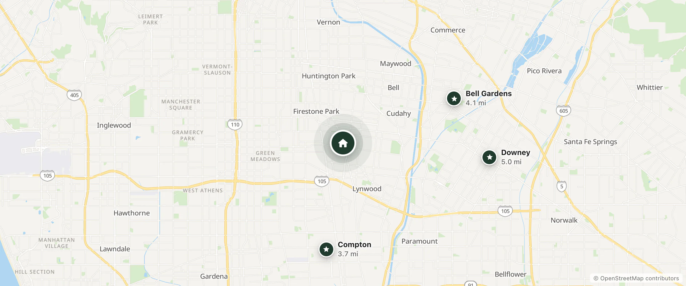 Map of La Siesta Inn and nearby Compton, Bell Gardens and Downey