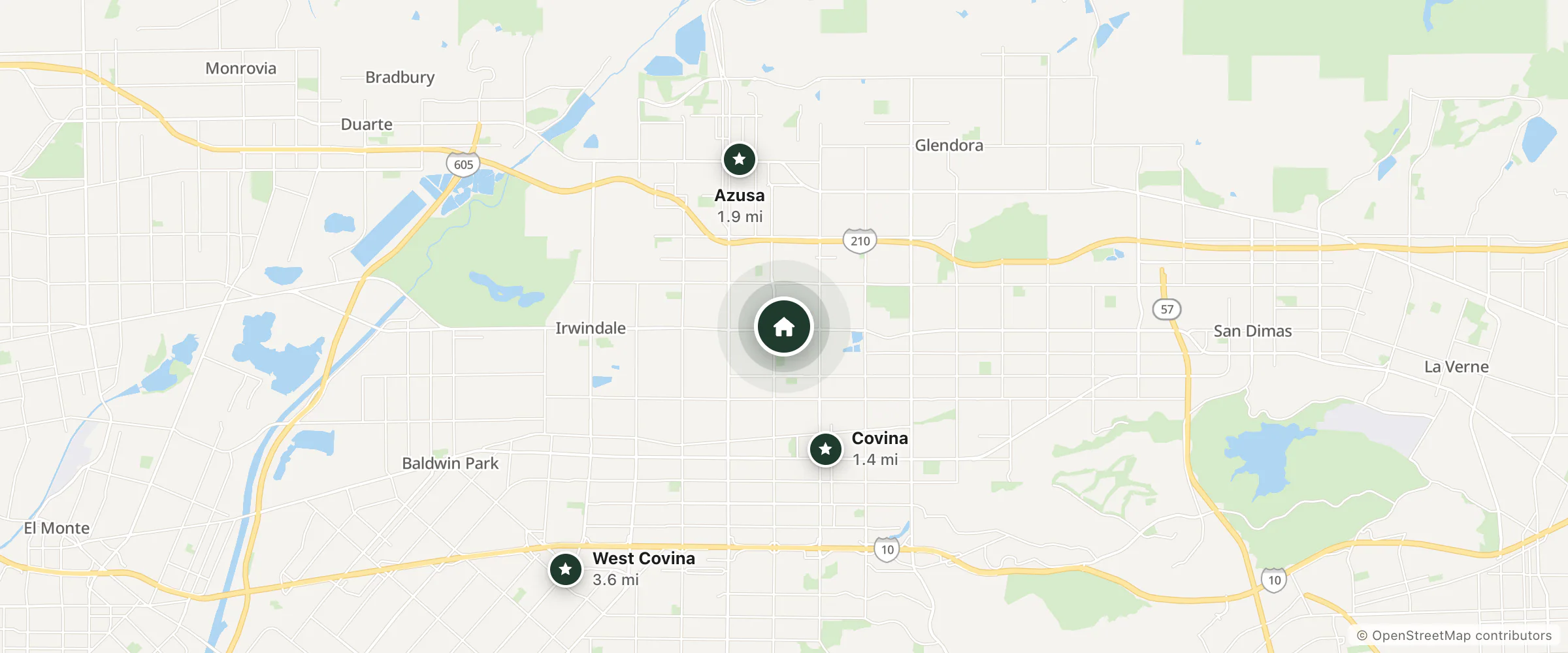Map of Monte Carlo Inn and nearby Covina, Azusa and West Covina