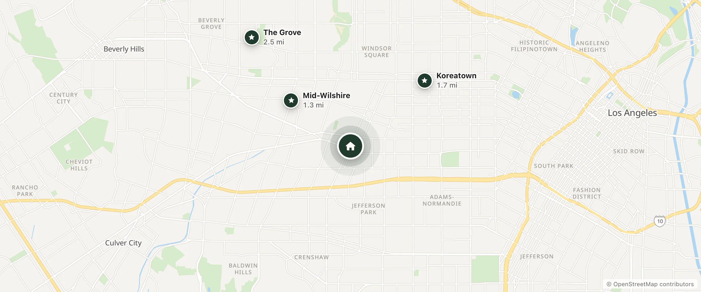 Map of MyStayLA and nearby Mid-Wilshire, Koreatown and The Grove