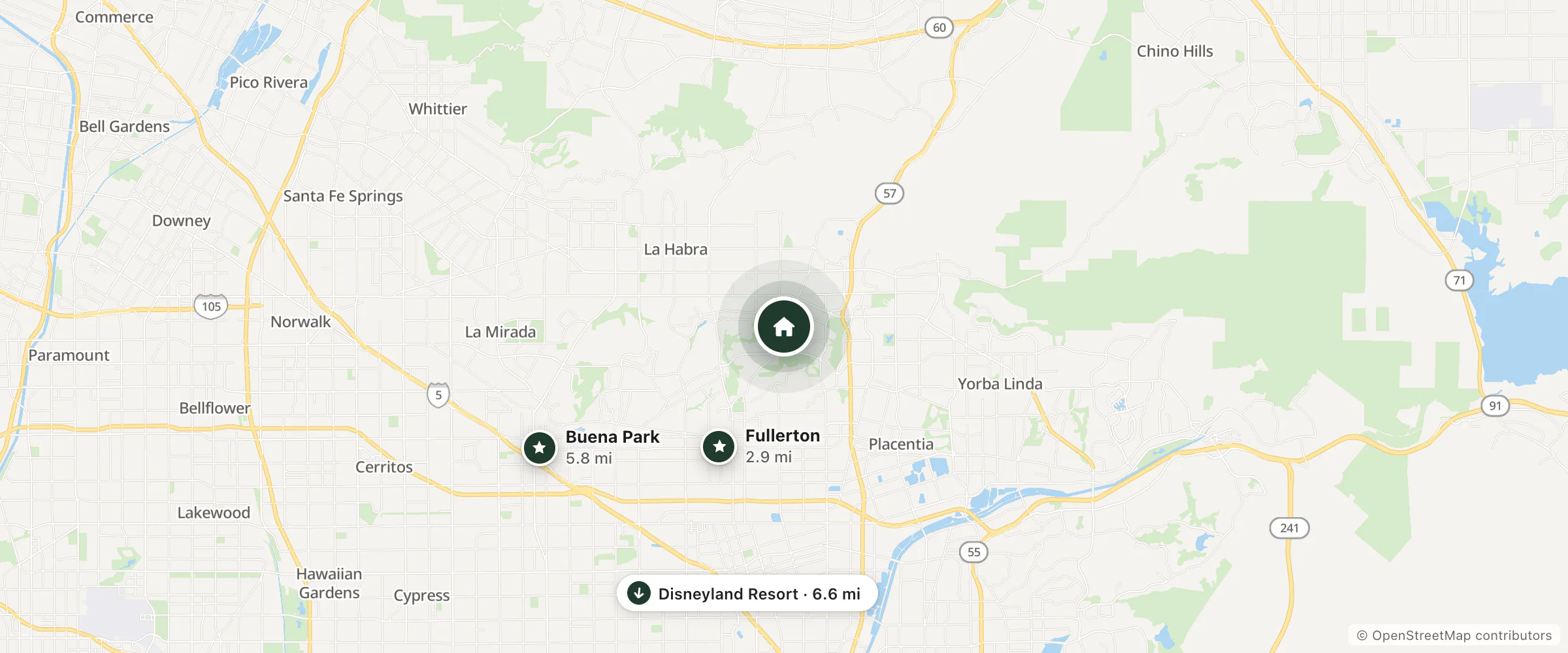 Map of Travelodge by Wyndham Brea and nearby Fullerton, Buena Park and Disneyland Resort