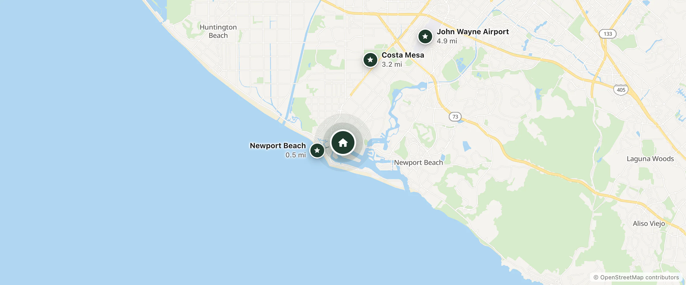 Map of Holiday Inn Express Newport Beach and nearby Newport Beach, Costa Mesa and John Wayne Airport