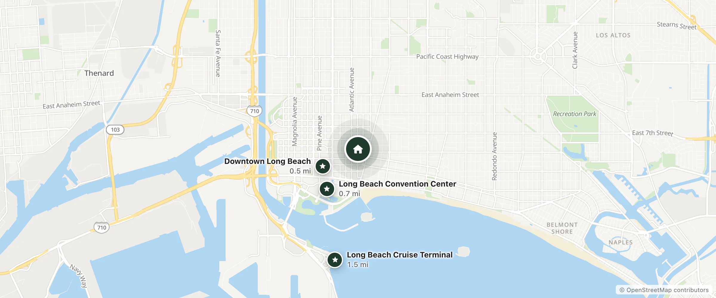 Map of Club Hotel and nearby Downtown Long Beach, Long Beach Convention Center and Long Beach Cruise Terminal