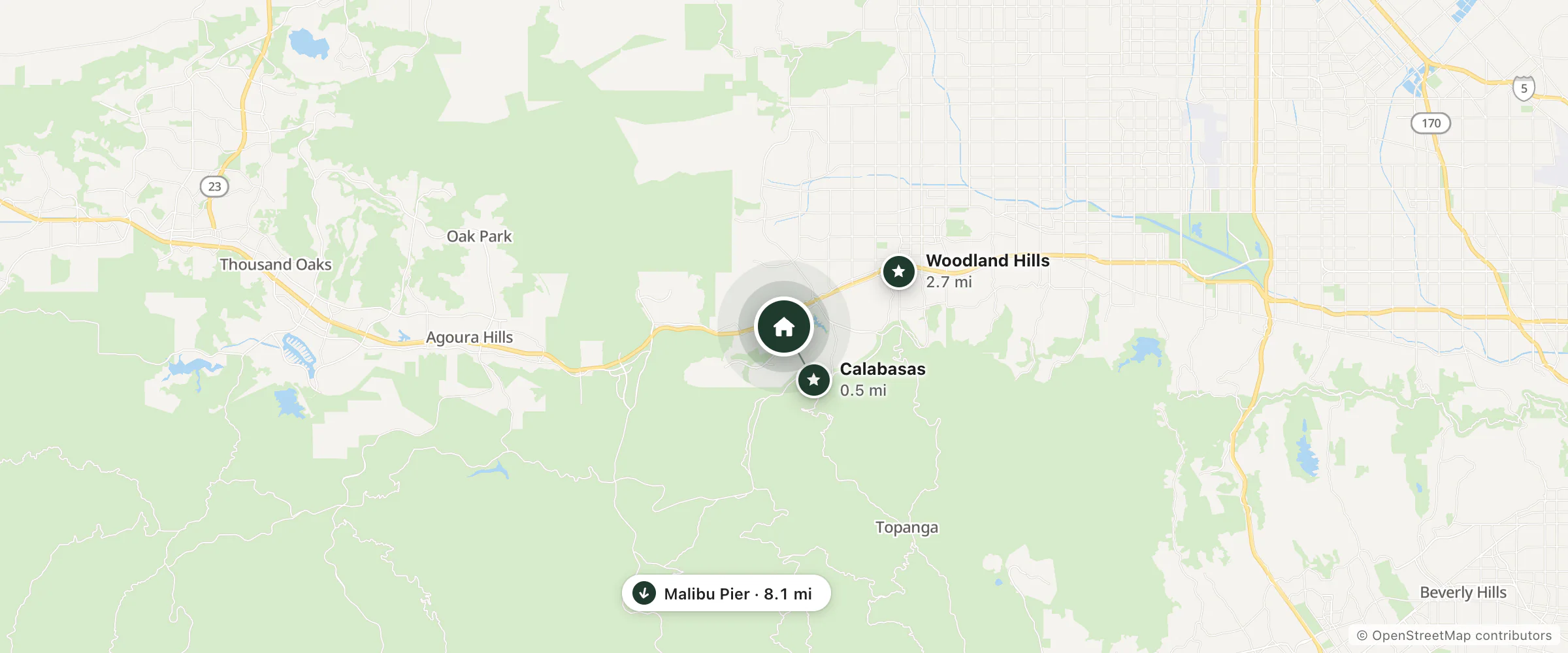 Map of Hilton Garden Inn Calabasas and nearby Calabasas, Woodland Hills and Malibu Pier