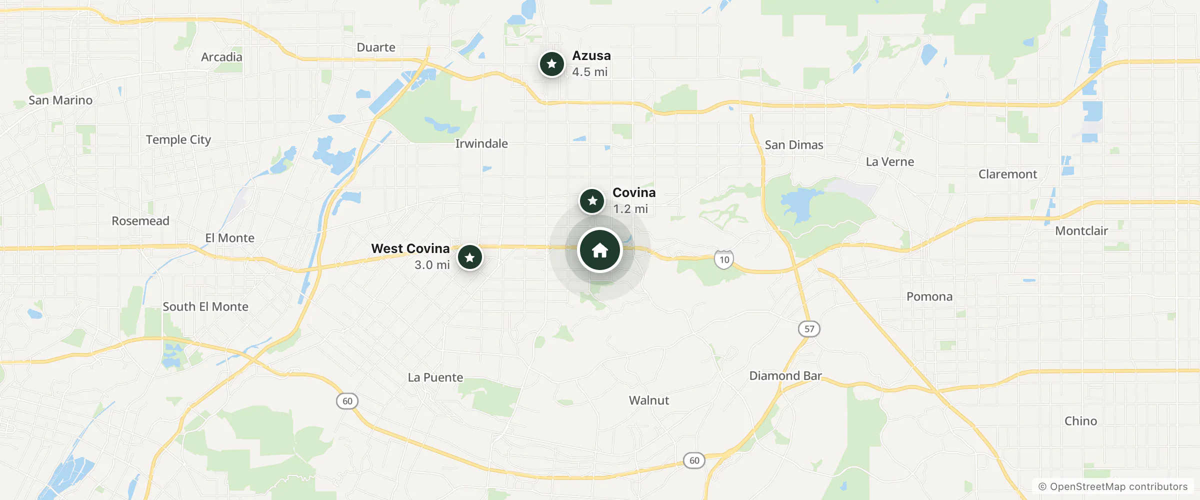 Map of Five Star Inn and nearby Covina, West Covina and Azusa