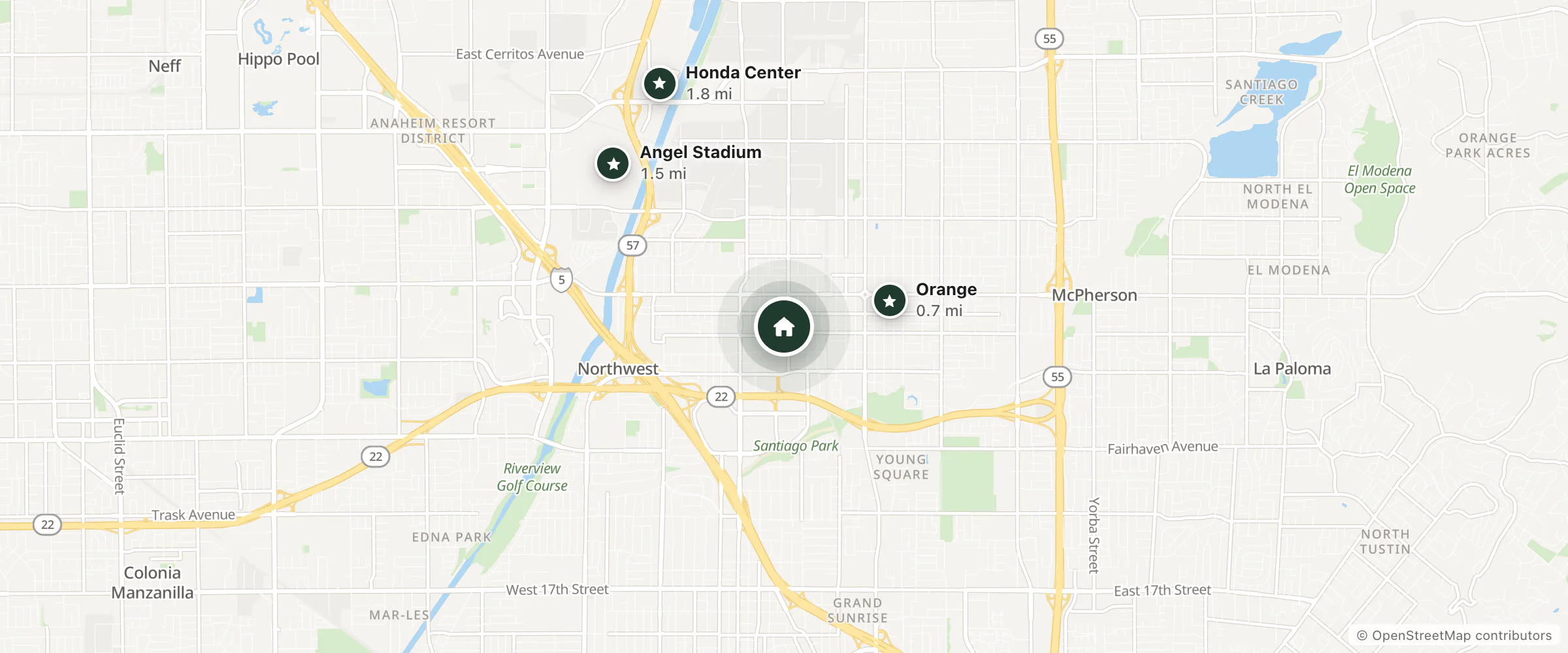 Map of The French Estate and nearby Orange, Angel Stadium and Honda Center