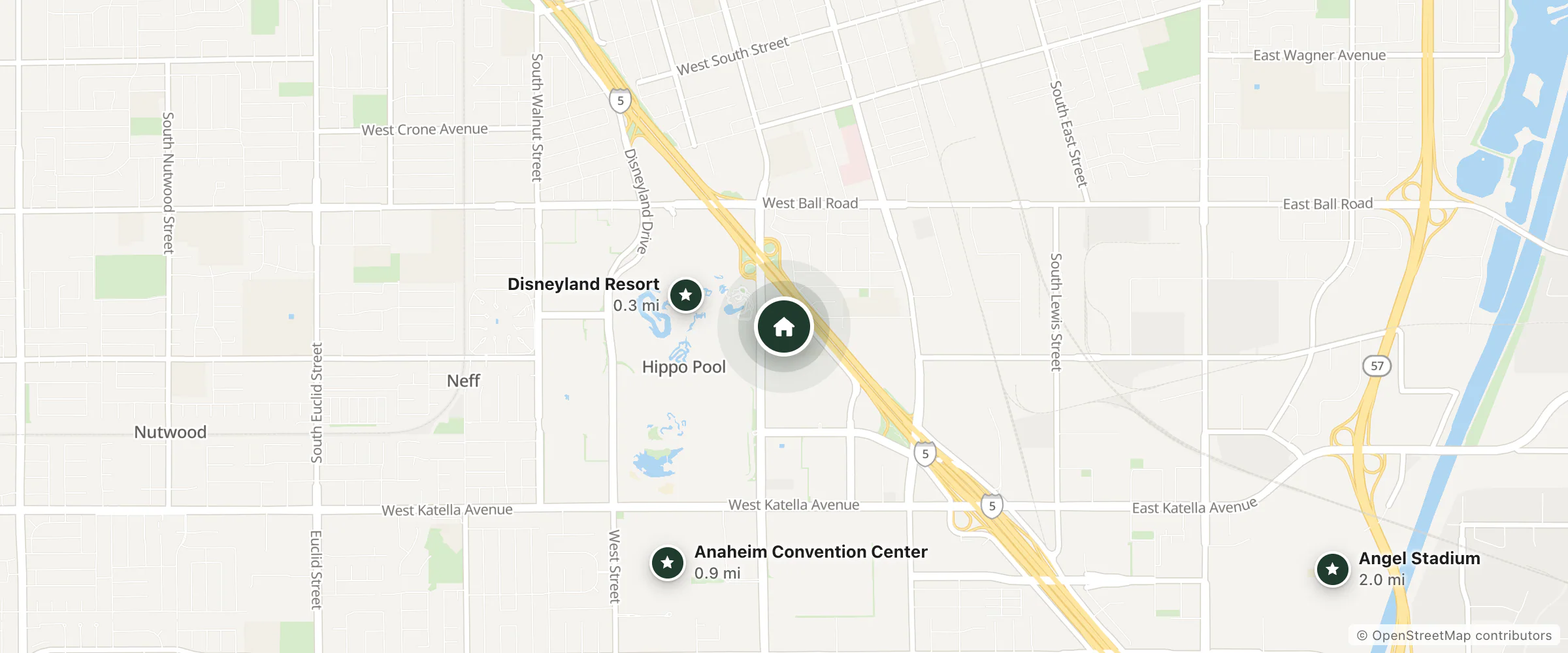 Map of Courtyard by Marriott Anaheim Theme Park Entrance and nearby Disneyland Resort, Anaheim Convention Center and Angel Stadium