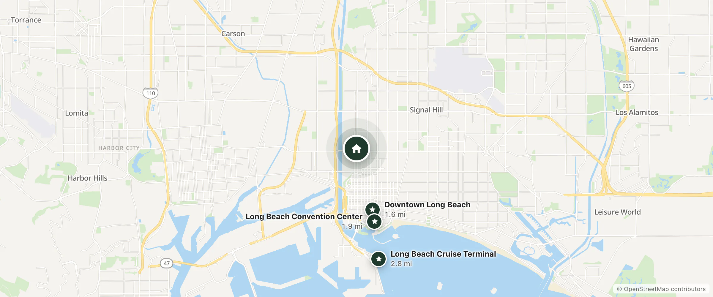 Map of Princess Inn and nearby Downtown Long Beach, Long Beach Convention Center and Long Beach Cruise Terminal