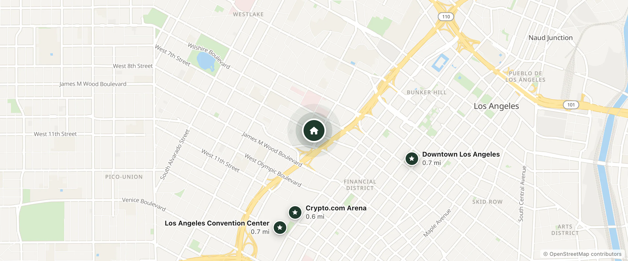 Map of DTLA Hotel and nearby Crypto.com Arena, Downtown Los Angeles and Los Angeles Convention Center
