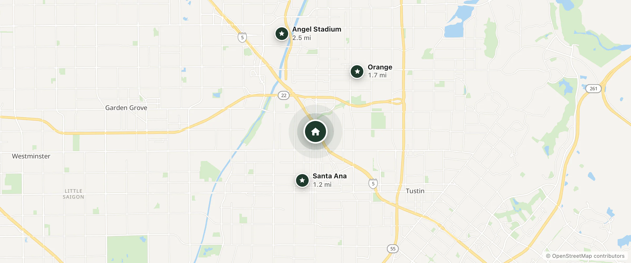 Map of Golden West Lodge and nearby Santa Ana, Orange and Angel Stadium