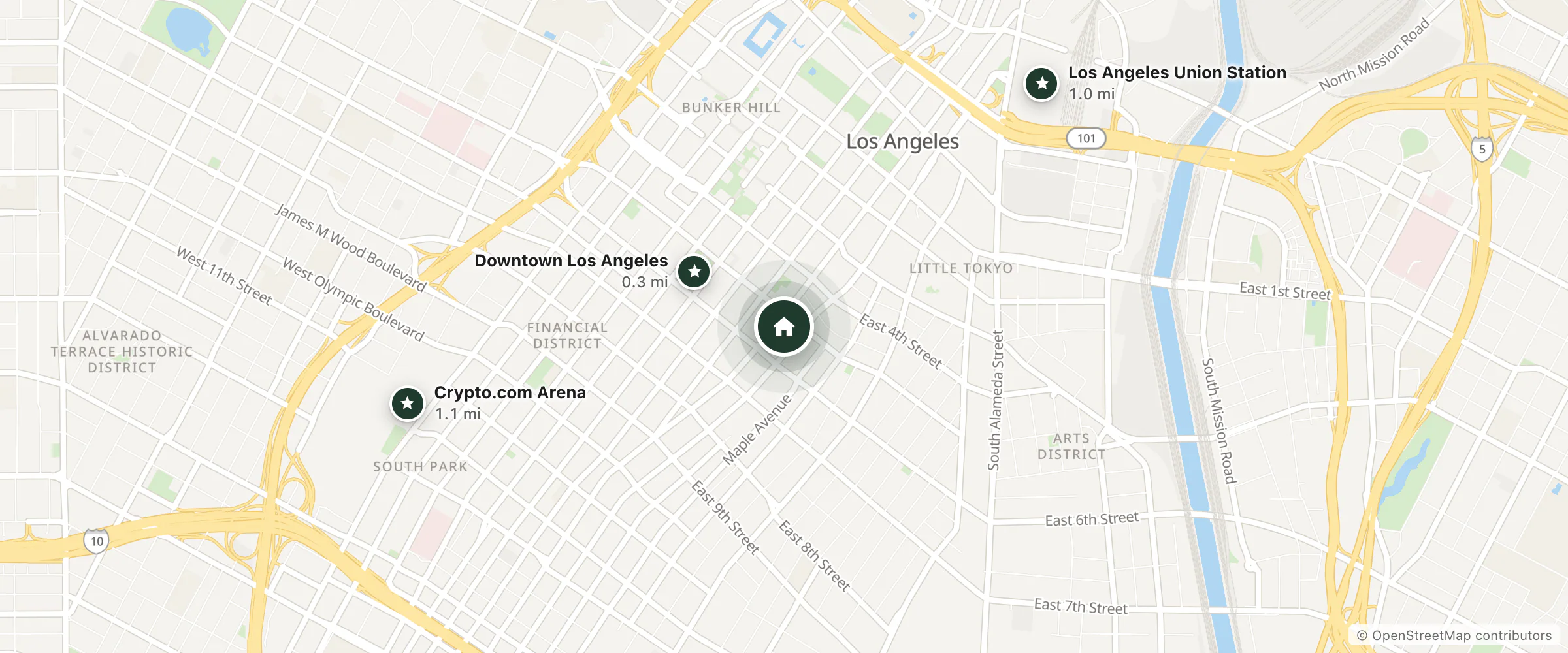 Map of Leonide Hotel and nearby Downtown Los Angeles, Los Angeles Union Station and Crypto.com Arena