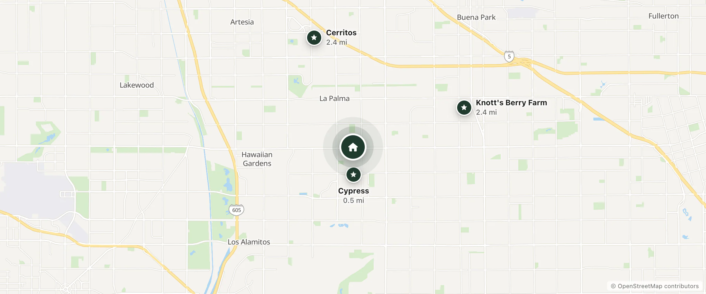 Map of Rodeway Inn and nearby Cypress, Cerritos and Knott's Berry Farm
