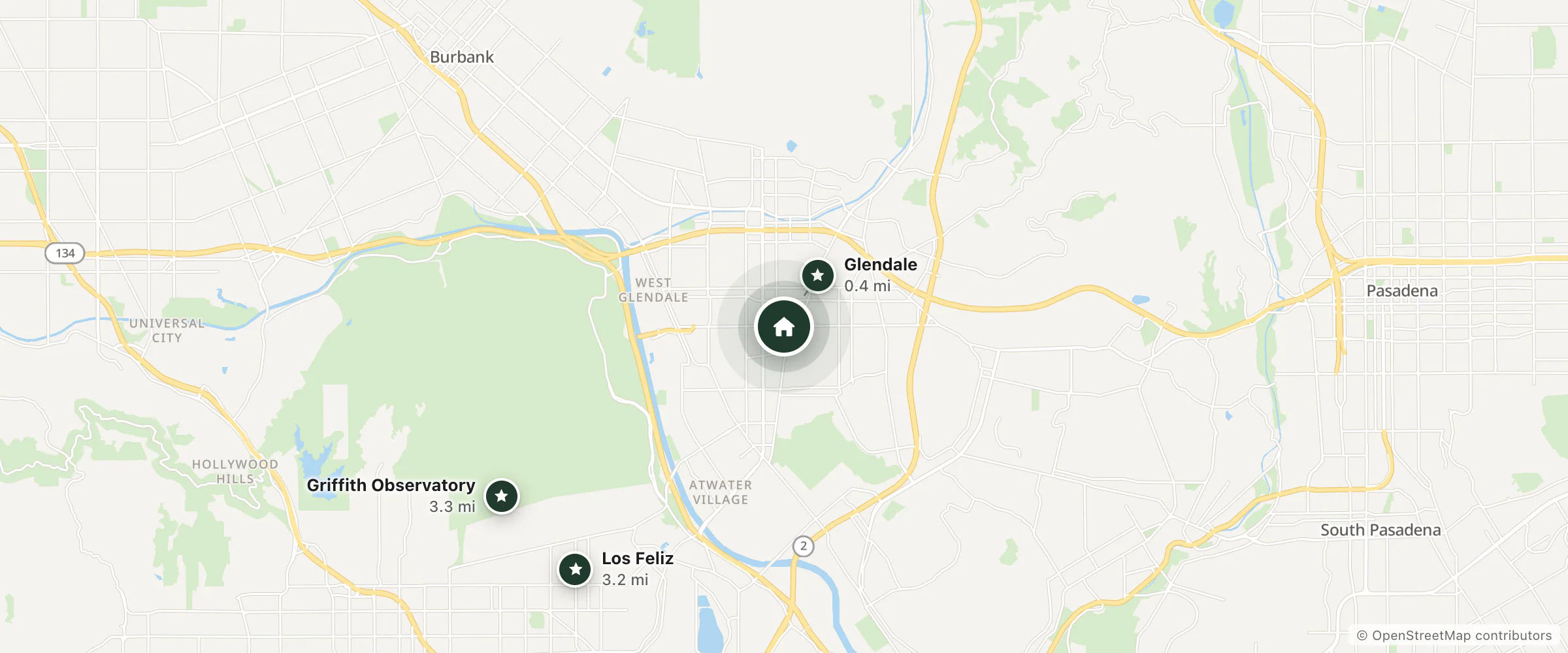 Map of Hotel Xilo Glendale and nearby Glendale, Los Feliz and Griffith Observatory