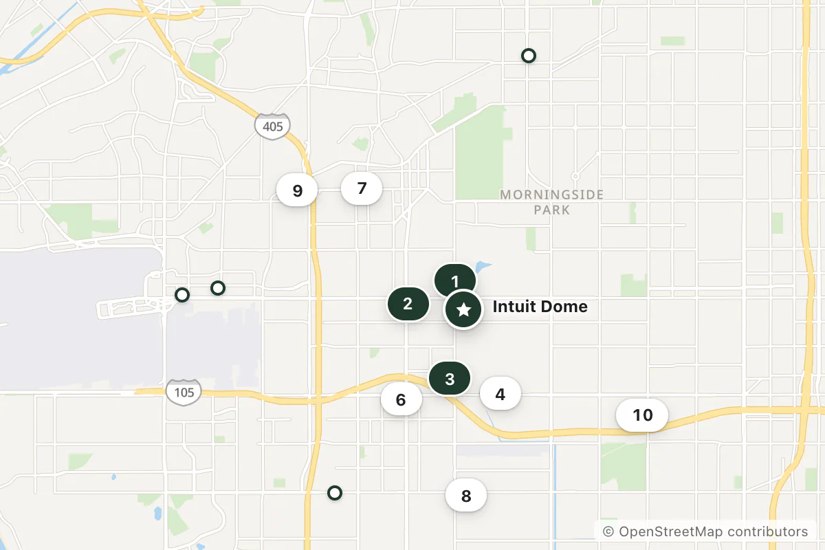 Map of the top 14 hotels for this question around Intuit Dome