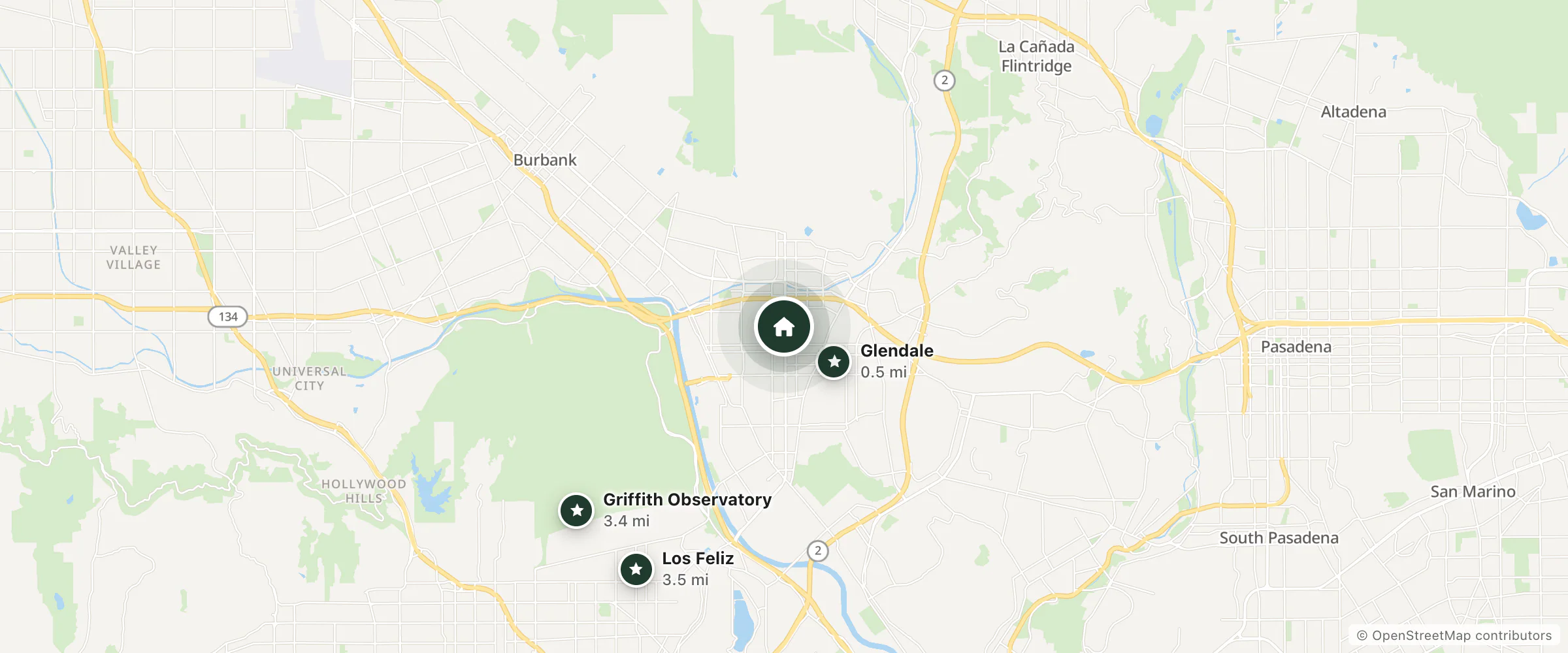 Map of Brand Plaza Hotel and nearby Glendale, Griffith Observatory and Los Feliz