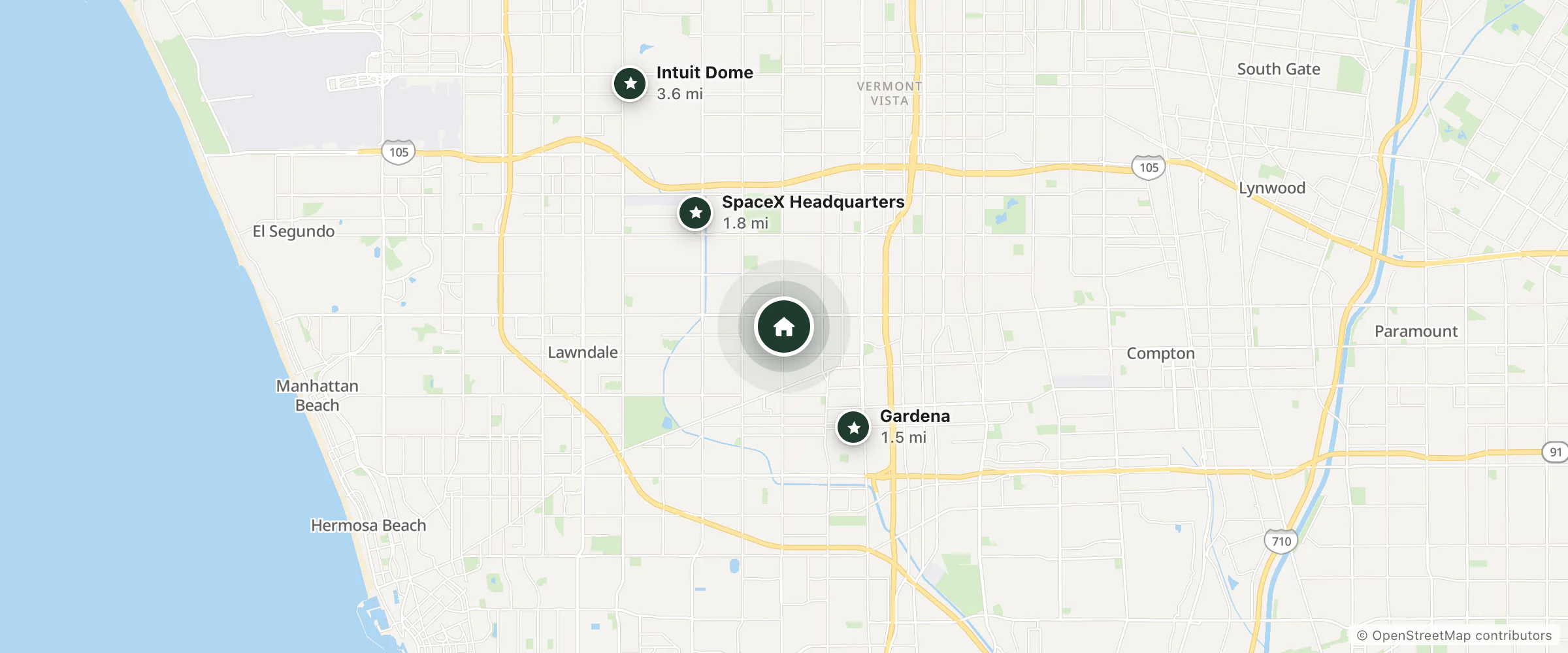 Map of Budget Hotel and nearby Gardena, SpaceX Headquarters and Intuit Dome