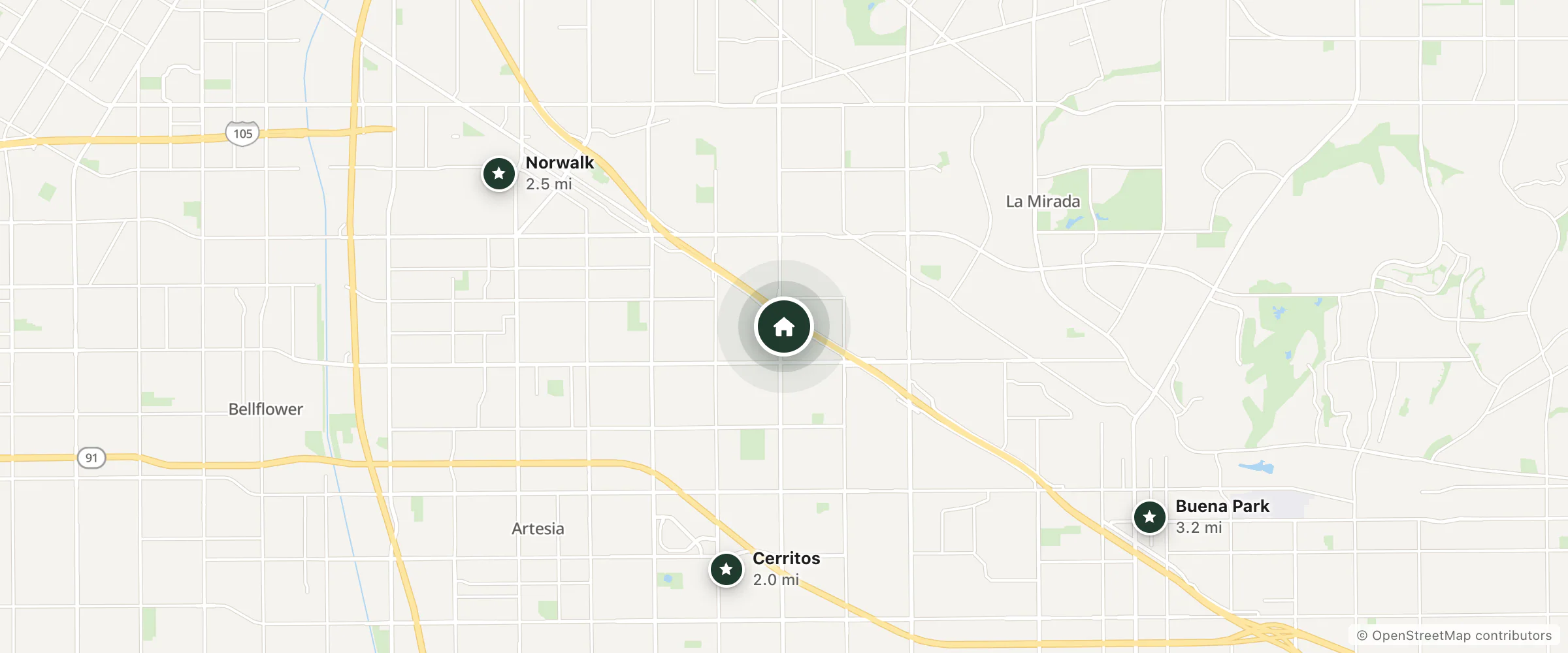 Map of Budget Inn of Santa Fe Springs and nearby Cerritos, Norwalk and Buena Park