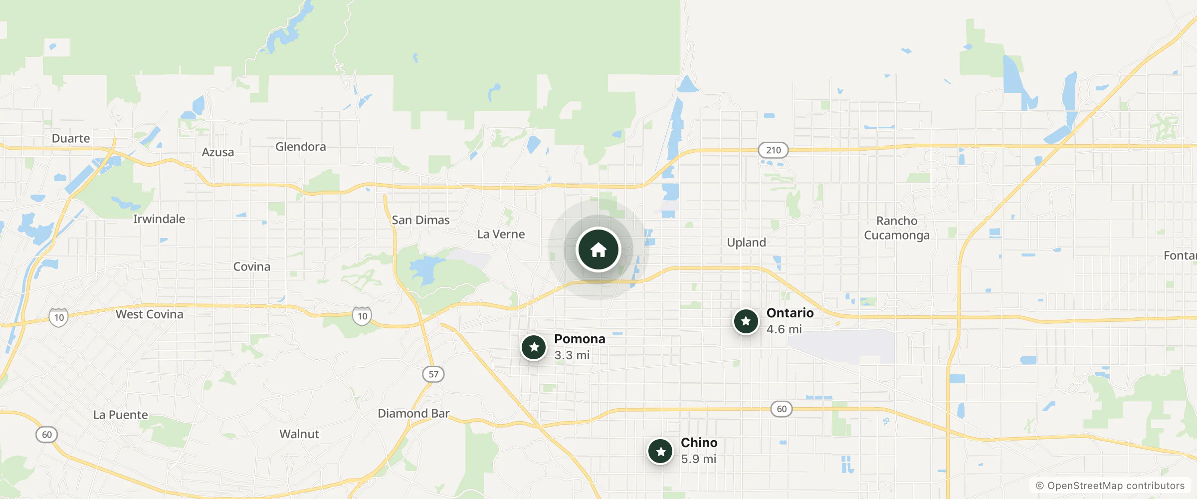 Map of Hotel Casa 425 + Lounge and nearby Pomona, Ontario and Chino