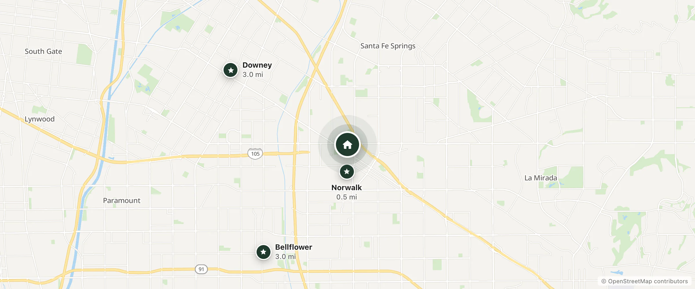 Map of Imperial Suites and nearby Norwalk, Bellflower and Downey