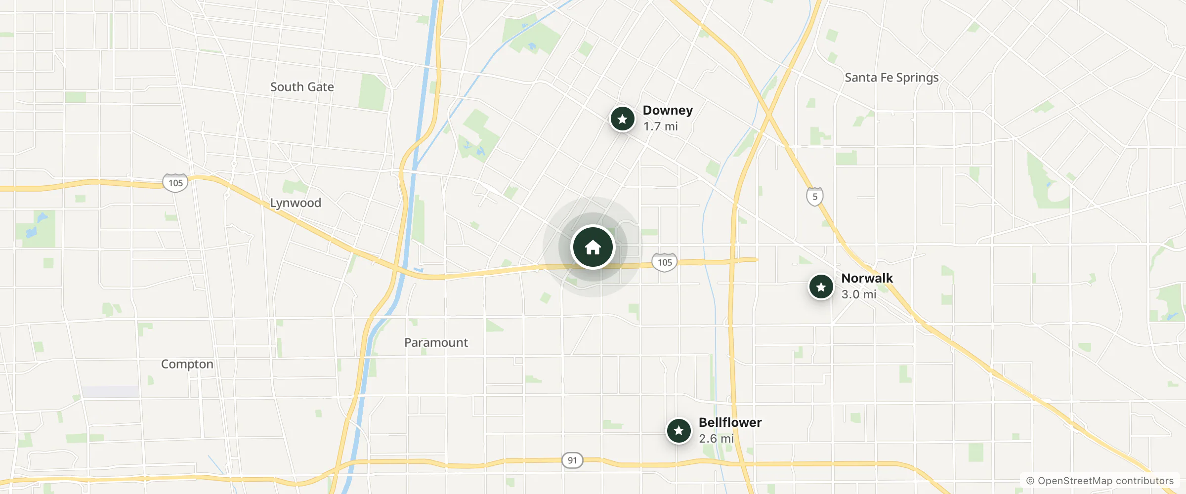 Map of Regency Inn and Suites Downey and nearby Downey, Bellflower and Norwalk