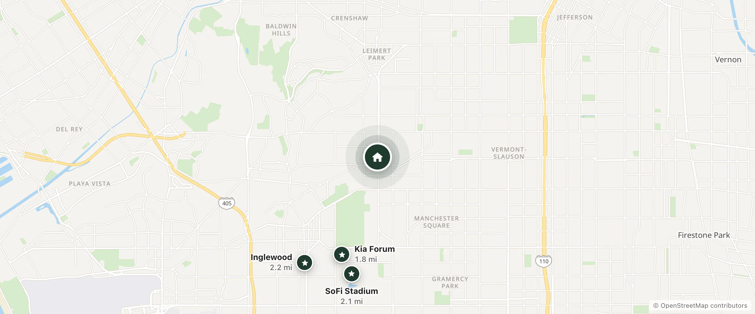 Map of Crenshaw Inn Motel and nearby Kia Forum, SoFi Stadium and Inglewood