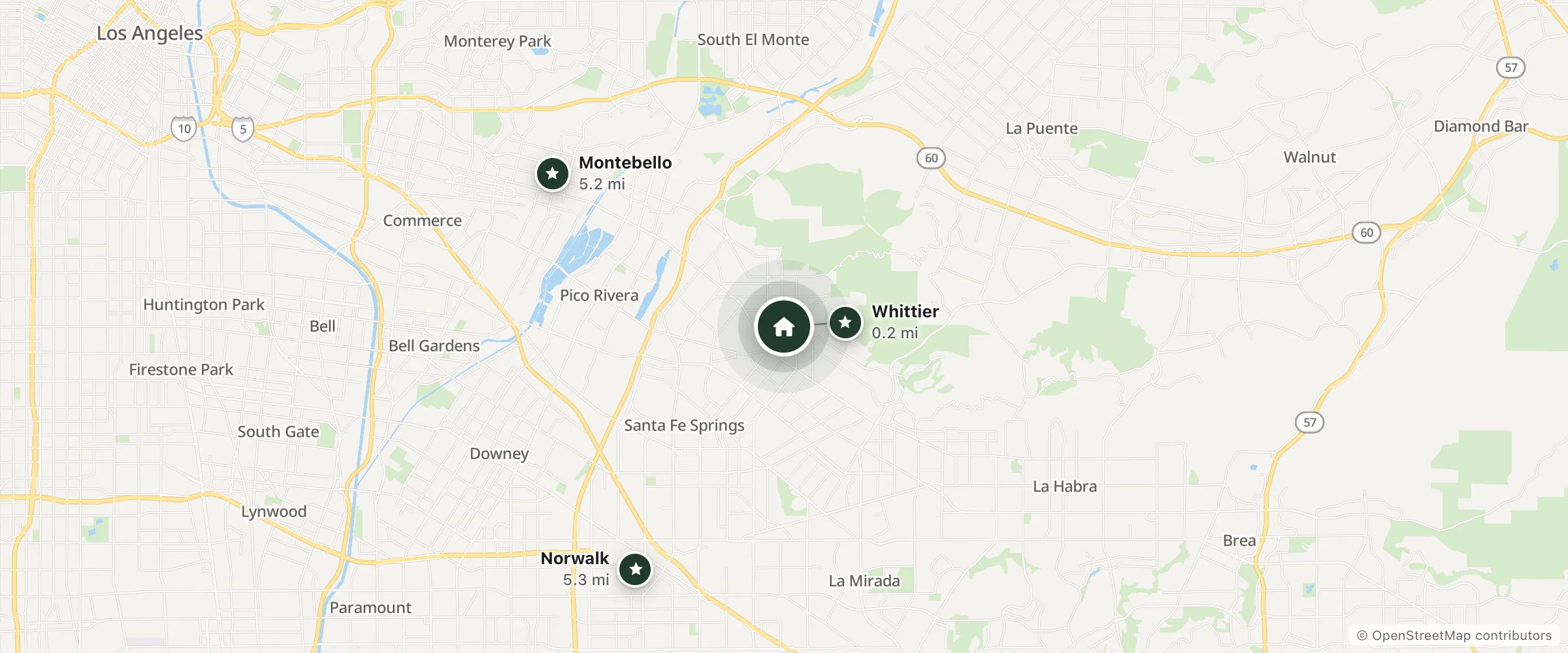 Map of Doubletree By Hilton Whittier Los Angeles and nearby Whittier, Montebello and Norwalk