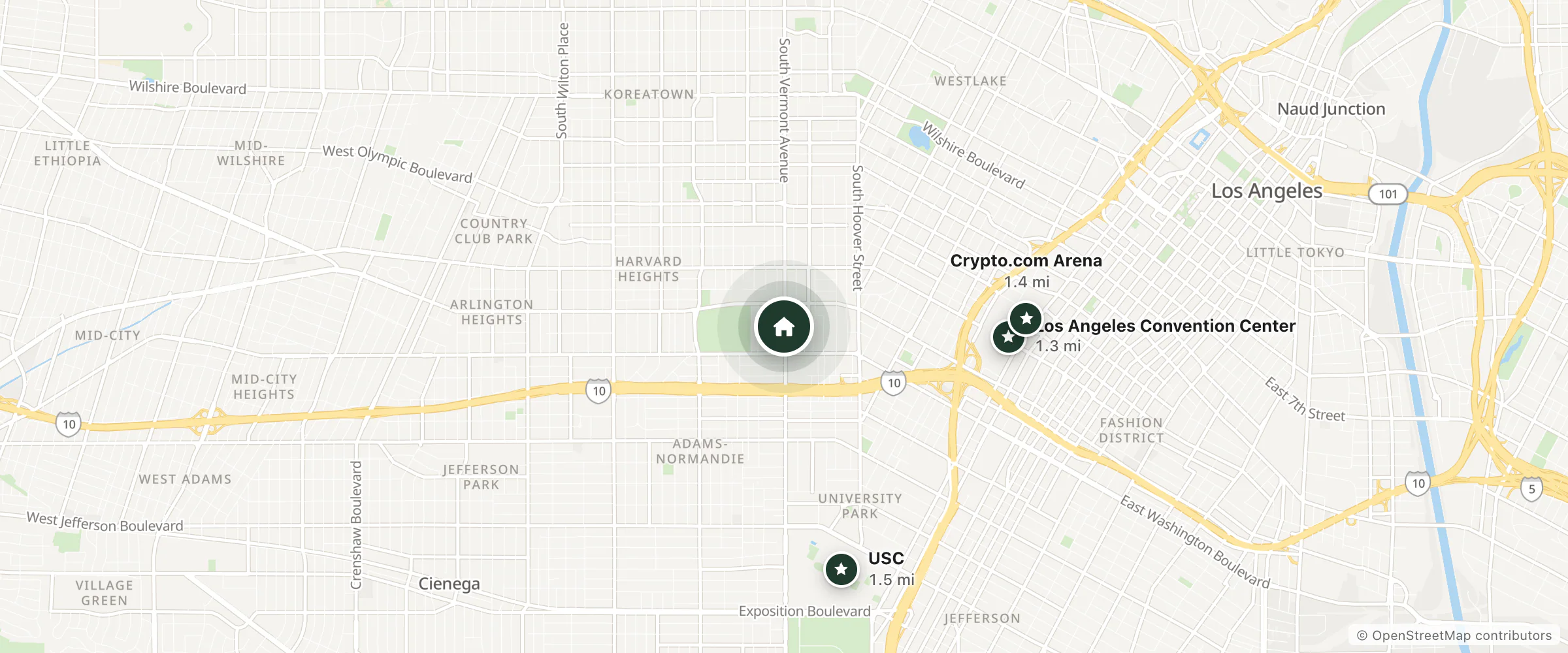 Map of New Vermont Motel and nearby Los Angeles Convention Center, Crypto.com Arena and USC